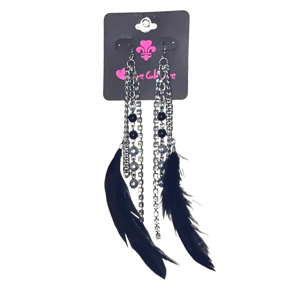 Y2K Love Culture Rhinestone Beaded Metallic Chain Black Feather Drop Earrings